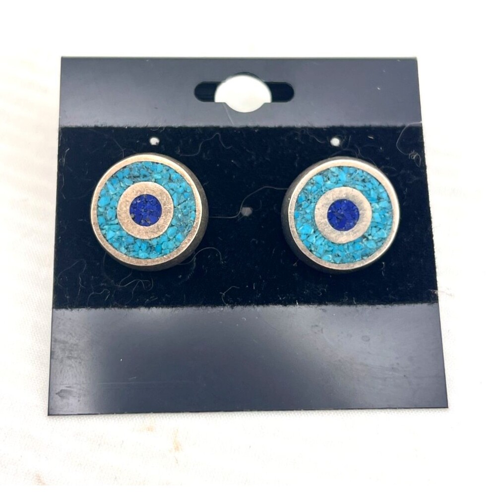 Vtg Evil Eye Sterling Silver 925 Turquoise Lapis Lazuli Inlay Earrings Southwest